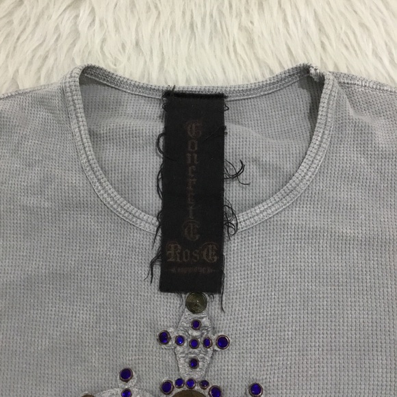 Distressed women’s embellished rocker gothic Gray long sleeve cross shirt size M - Picture 7 of 8